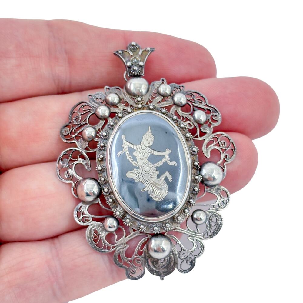 Vintage Siam Sterling Silver 925 Black Enamel Dancer Pendant